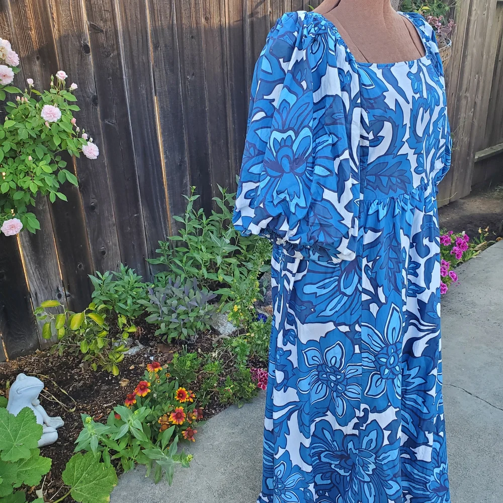 Blue Floral Puff-Sleeve Maxi Dress with Square Neckline - Picture 3 of 7